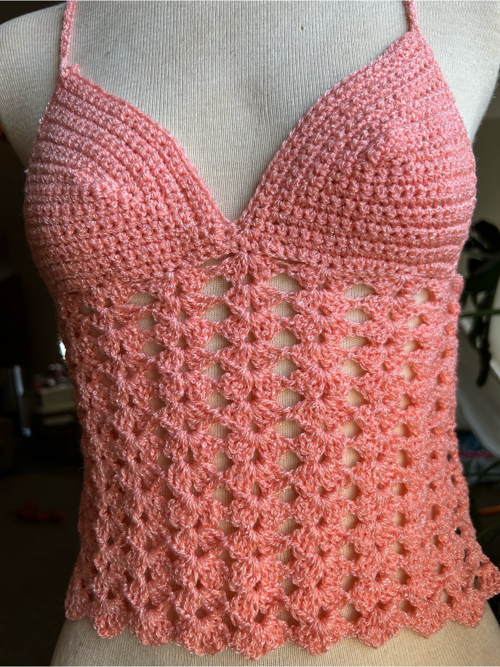 🌸 Hand-Crocheted Pink Lace Halter Top